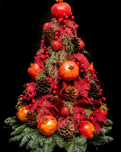 Handmade Christmas Tree with pomegranates, fir, conifer cones and ilex