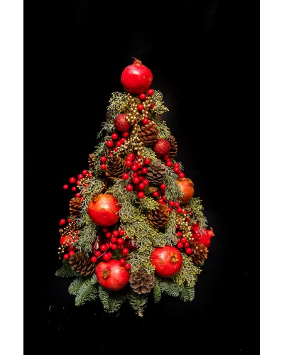 Handmade Christmas Tree with pomegranates, fir, conifer cones and ilex