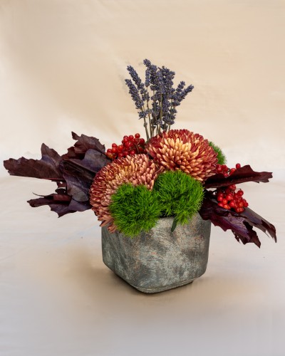 Arrangement of Chrysanthemums, Lavender and Fall Leaves in Handmade Ceramic Pot