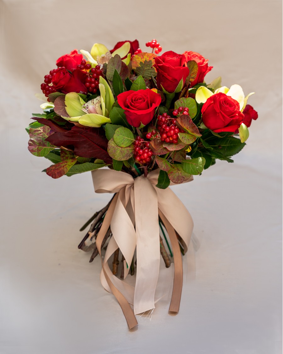 Bouquet of Roses, Cymbidium and Autumn Leaves
