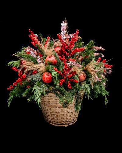 Handmade Basket with ilex, pampas, eucalyptus, fir and pomegranates.