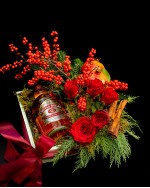 Arrangement of red roses, ilex, pomegranate, cinnamon, fir with Chivas regal 12,
