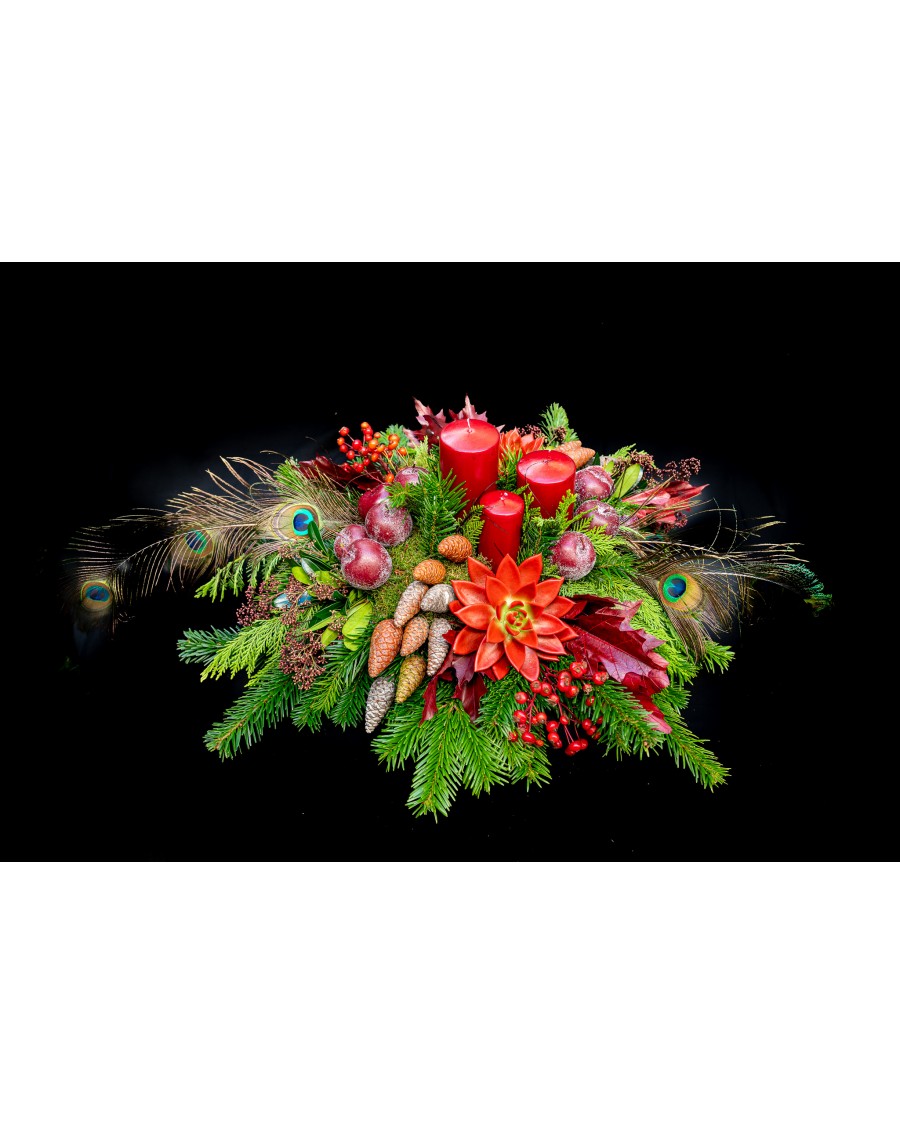 Arrangement of Peacock feathers, echeveria, conifer cones, apples, candles and decorative branches.