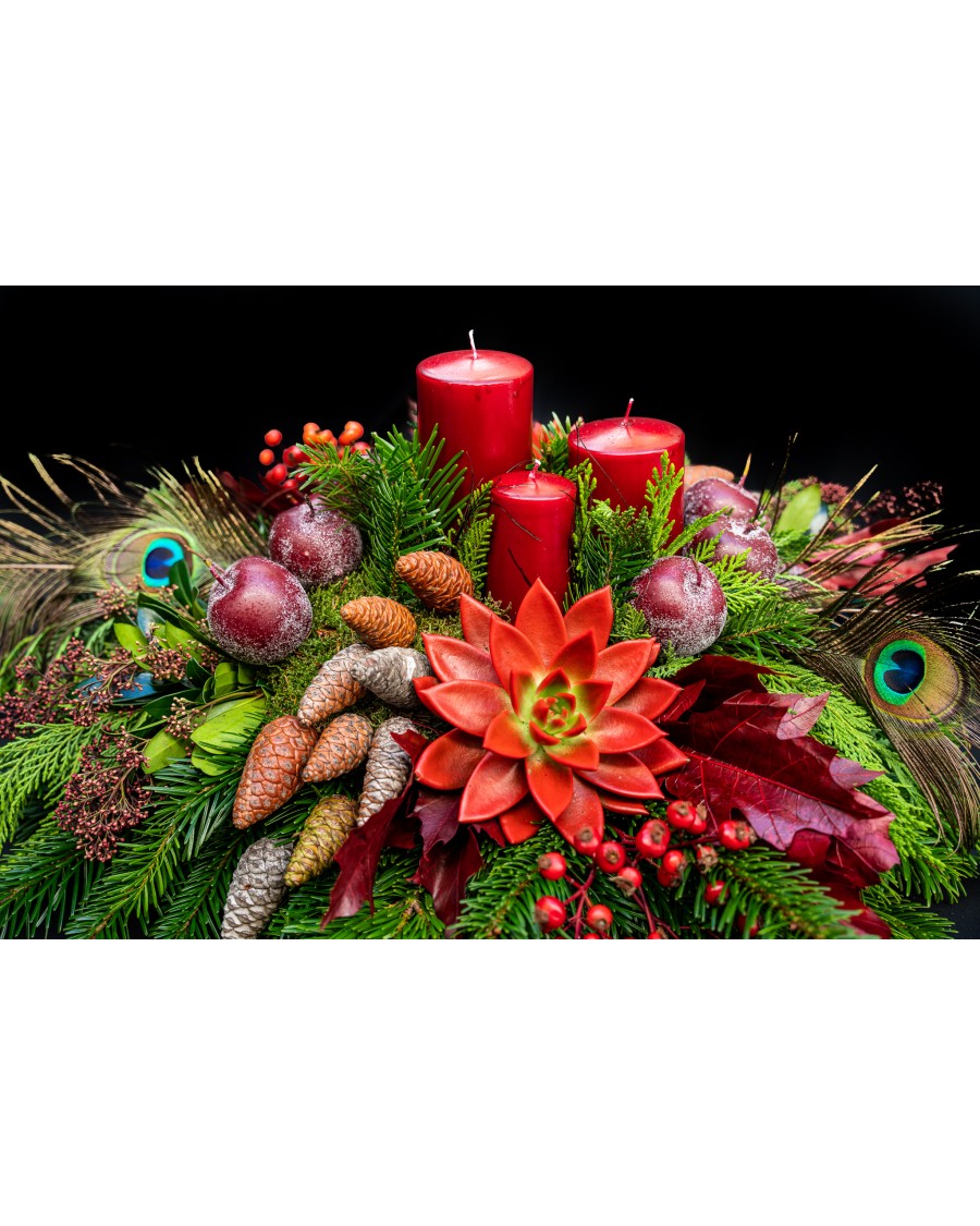 Arrangement of Peacock feathers, echeveria, conifer cones, apples, candles and decorative branches.
