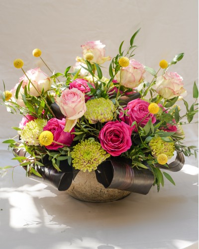Arrangement of Roses and Chrysanthemums in Handmade Ceramic Pot
