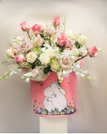 Arrangement of Roses, Hydrangeas, Singaporean Orchids and Ornithogalum in Pink Reusable Bag