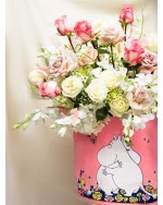 Arrangement of Roses, Hydrangeas, Singaporean Orchids and Ornithogalum in Pink Reusable Bag