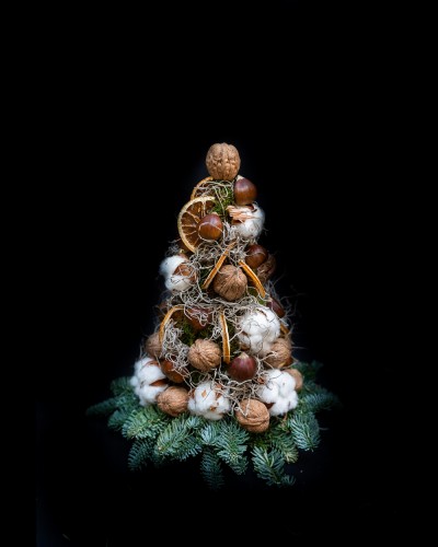Handmade Christmas Tree with Cotton, Conifer cone, Walnuts and Chestnut