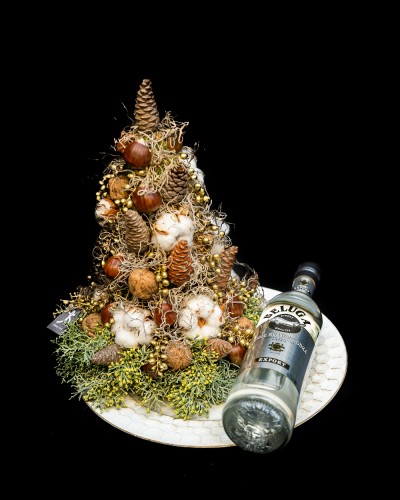 Handmade Christmas Tree with Cotton, Conifer cone, Walnuts and Chestnut, combined with Beluga Vodka.