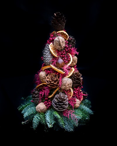 Handmade Christmas Tree with burgundy pepper, Conifer cones, Dried Orange, Walnuts and Chestnut