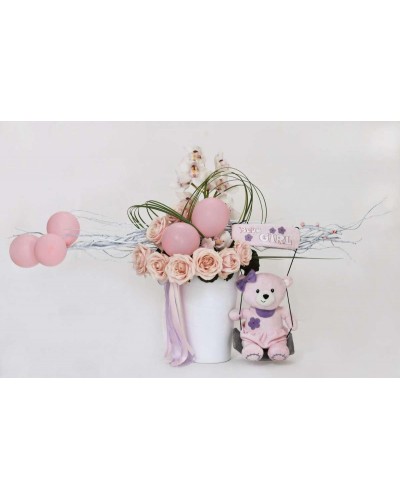 Arrangement of Roses, Cymbidium, Branches, Still Grass with Teddy Bear and Balloon in a ceramic pot