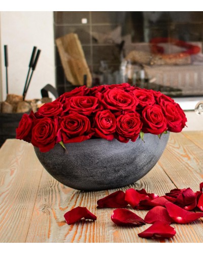 Composition of Red Ecuador Roses in Handmade Ceramic Pot